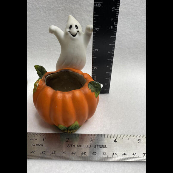 PartyLite Halloween Vintage Orange White Ghost Votive Holder # P7176 Retired - Picture 2 of 6